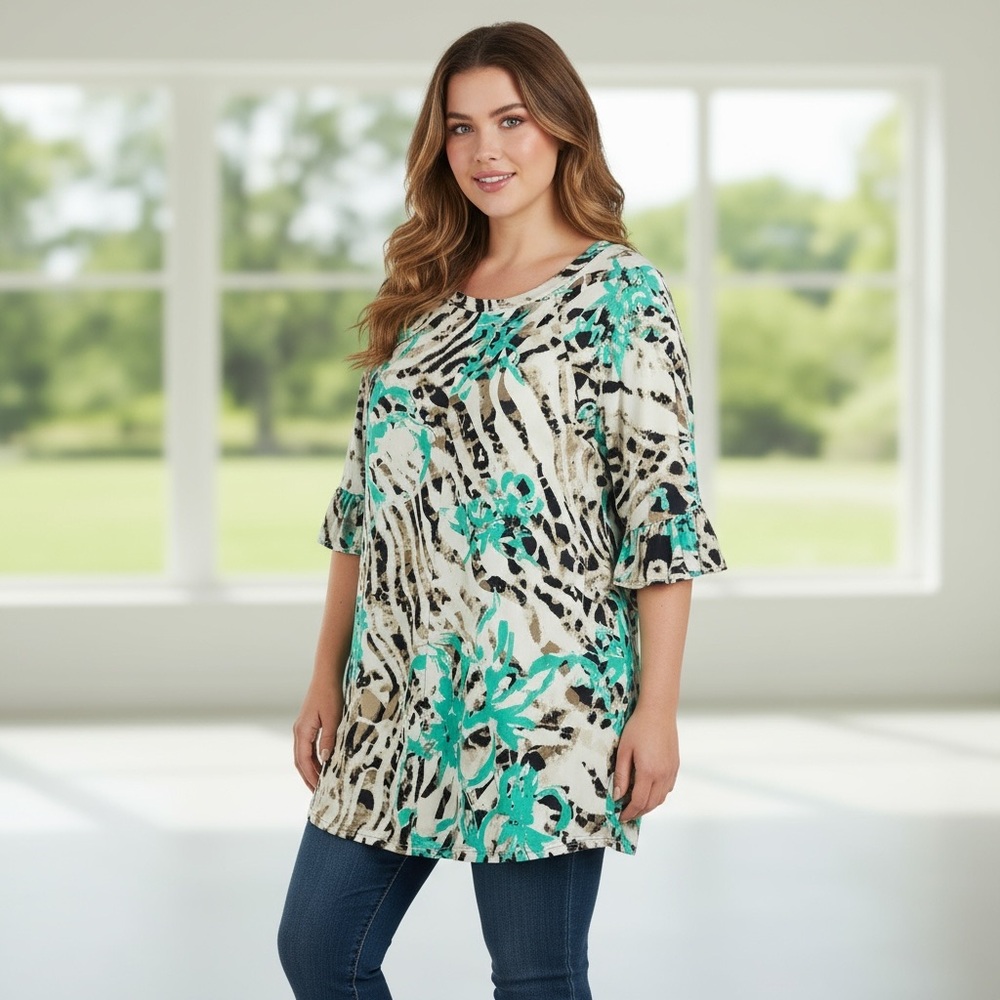 Animal Print 3X Tunic with Green Accents- Euc- Very Soft And Flowy!